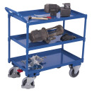 VARIOfit Großer Tischwagen mit 3 Etagen, Wannenrand 40 mm hoch, hoher Schiebebügel + EasySTOP - Anthrazitgrau
