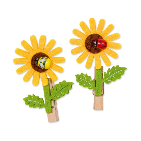 Holzklammer "Sonnenblume" sortiert, Filz/Holz, 65x40mm Biene/Marienkäfer