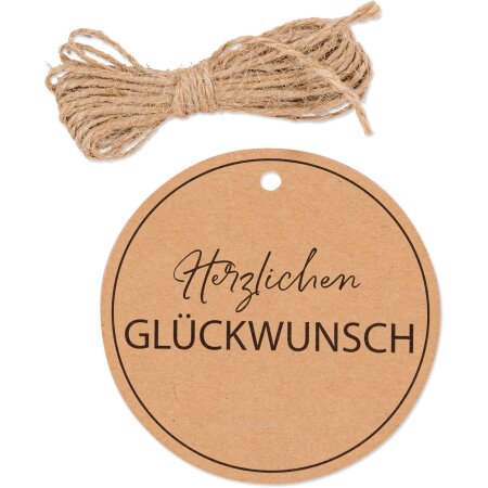 Papieranhänger "Herzlichen Glückwunsch" Natur, Ø 80mm mit Kordel