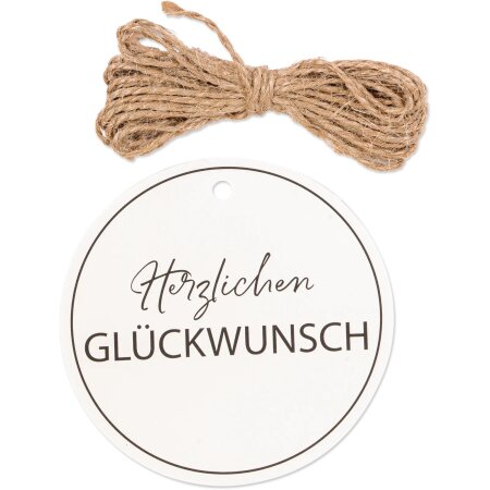 Papieranhänger "Herzlichen Glückwunsch" Weiß, Ø 80mm mit Kordel