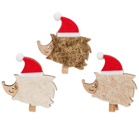 Holzklammer "Weihnachtsigel" 3-farbig sortiert, 61x59mm Braun/Creme/Natur