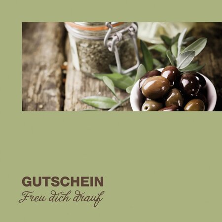 Gutschein "Oliven" mit Kuvert, 120x120mm
