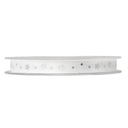 Geschenkband "Little Stars Satin" Weiß/Silber, 10mm x 25m