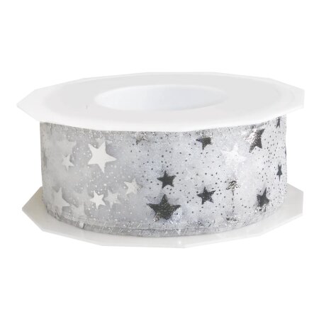 Geschenkband "Organza Sterne" Silber, 40mm x 20m, Drahtkante