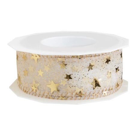 Geschenkband "Organza Sterne" Gold, 40mm x 20m, Drahtkante