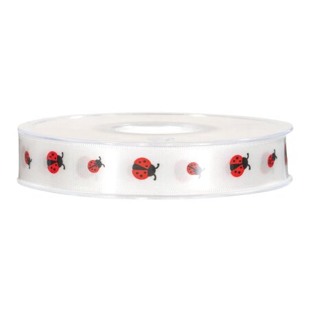 Geschenkband "Marienkäfer" Weiß/Rot, 15mm x 25m