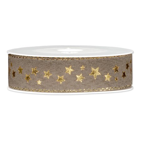 Geschenkband "Shining Stars" Taupe/Gold, 25mm x 18m