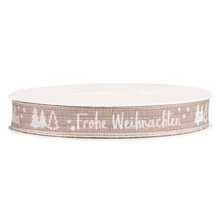 Geschenkband "Frohe Weihnachten" Natur/Weiß, 15mm x 20m