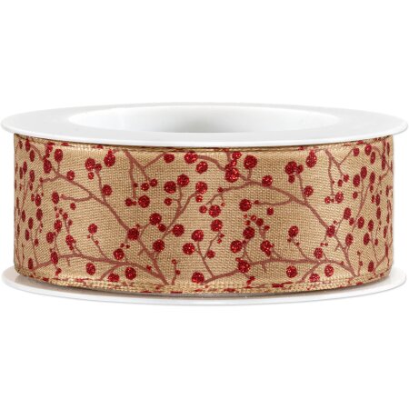 Geschenkband "Winterbeere" Natur/Rot, 40mm x 15m