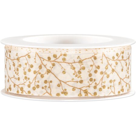 Geschenkband "Winterbeere" Creme/Gold, 40mm x 15m