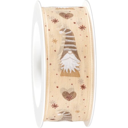 Geschenkband "Wichtelzeit" Natur/Braun mit Motiv, 40mm x 15m