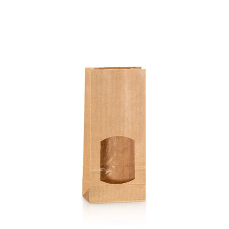 Kraftpapierbeutel Natur mit Fenster 90x50x205mm, Blockboden 80g/qm, Fenster 75x55mm, 250ml