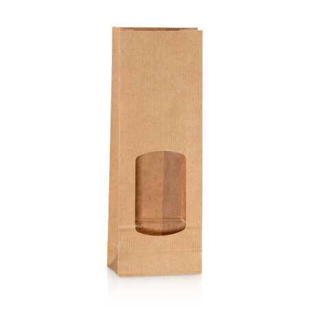 Kraftpapierbeutel Natur mit Fenster 100x55x285mm, Blockboden 90g/qm, Fenster 100x60mm, 400ml