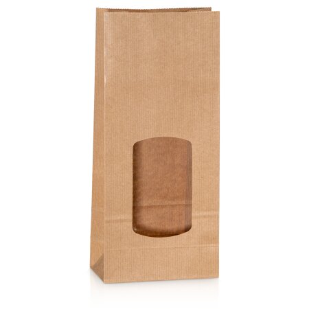 Kraftpapierbeutel Natur mit Fenster 135x75x315mm, Blockboden 90g/qm, Fenster 120x70mm, 850ml