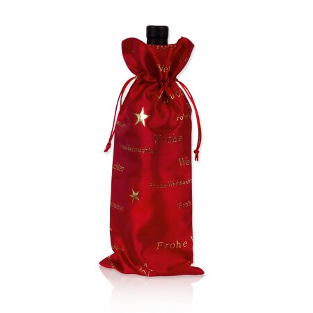 Flaschenbeutel "Frohe Weihnachten" Rot-Gold 360x160mm aus Satin mit Zugband