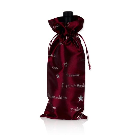 Flaschenbeutel "Frohe Weihnachten" Bordeaux-Silber 360x160mm aus Satin mit Zugband