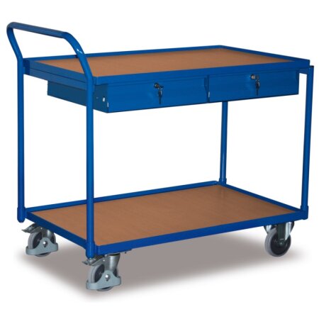 Tischwagen 250 kg mit 2 abschließbaren Schubladen hoher Schiebebügel + EasySTOP