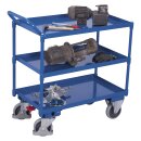 VARIOfit Großer Tischwagen mit 3 Etagen, Wannenrand 40 mm hoch, hoher Schiebebügel + EasySTOP - Enzianblau