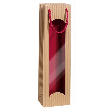 Geschenktüte mit Sichtfenster für 1 Flasche 100 x 80 x 360 mm (Bicolor natura/innen Bordeaux)-1