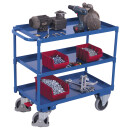 VARIOfit Großer Tischwagen mit 3 Etagen, Wannenrand 40 mm hoch + EasySTOP - Enzianblau
