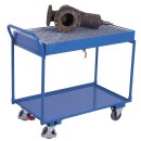 VARIOfit Tischwagen mit 2 Etagen, Gitterrost verzinkt mit Auffangwanne + EasySTOP - Enzianblau