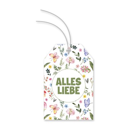 Papieranhänger "Blumen, alles Liebe" Label + Schnur, 80x52mm