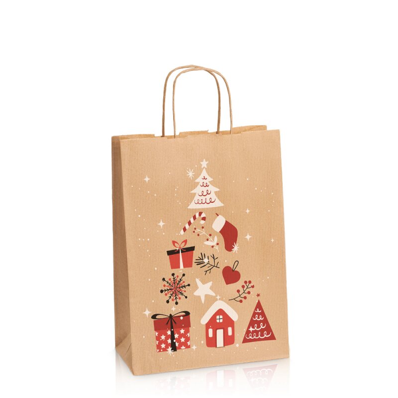 BB-Verpackungen GmbH 250 x Papiertragetasche "Christmas" 220 x 100 x 310 mm (natur) 661172