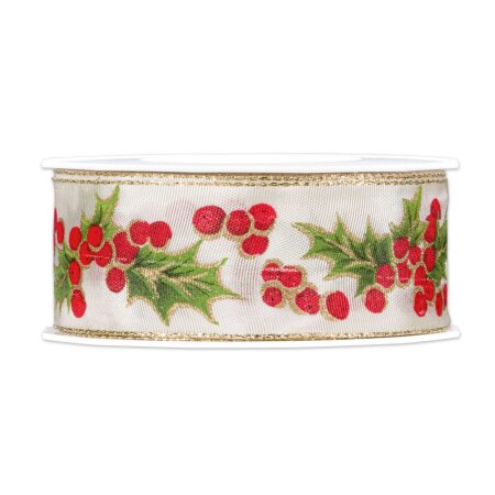 Geschenkband "Ilexzweig" Creme mit Motiv, 40mm x 20m