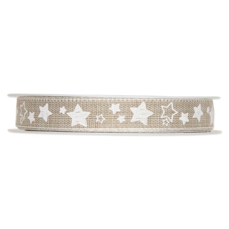Geschenkband "Sternchen" Natur/Weiß 15mm x 15m, Leinenkante