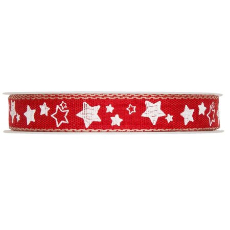 Geschenkband "Sternchen" Rot/Weiß 15mm x 15m, Leinenkante