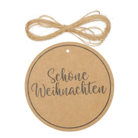 Papieranhänger "Schöne Weihnachten" Natur, Kraftpapier, Ø 100mm mit Kordel